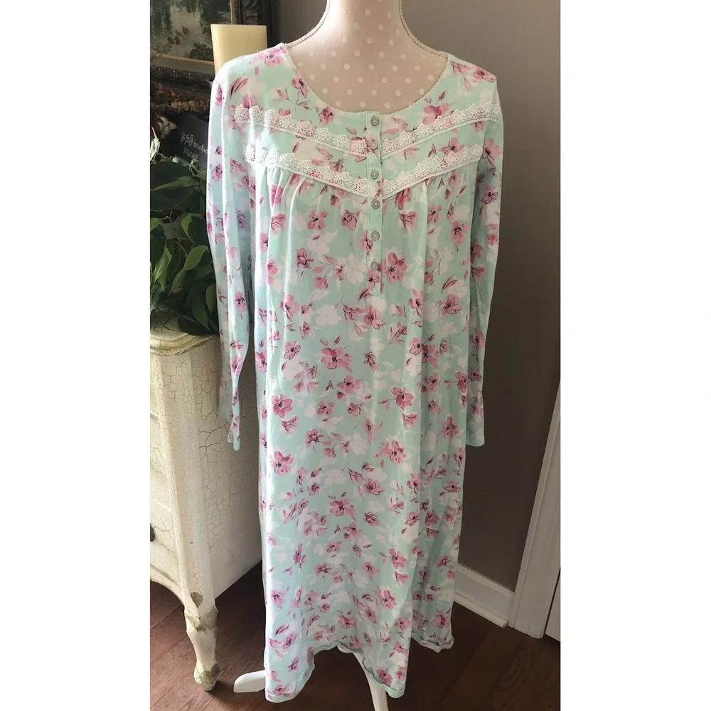 Vtg Floral Nightgown Long Sleeve 100% Cotton Knit Grannycore Green Pink Women L